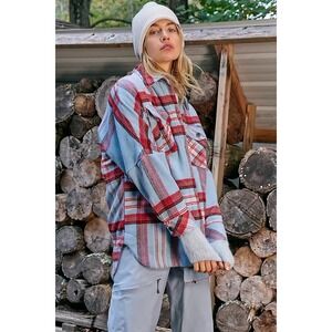 Free People Plaid Button Down Shirt in Red and Blue